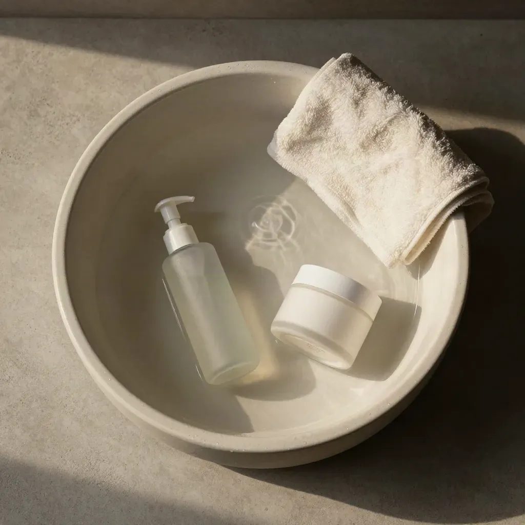 Ceramic basin with skincare bottles, towel, and fading water ripples on pale concrete.