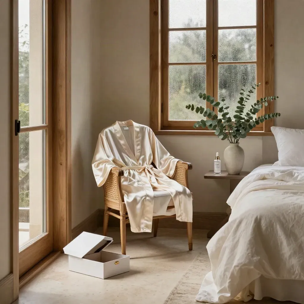 Bridal suite corner with satin robe, shoe box, serum, eucalyptus and an unmade bed by a rainy window
