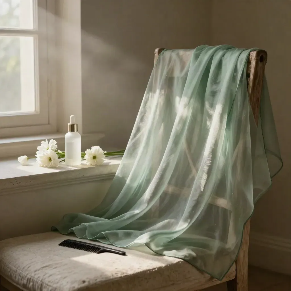 Veil, comb, serum bottle and white flowers on a plaster bench in misty dawn light