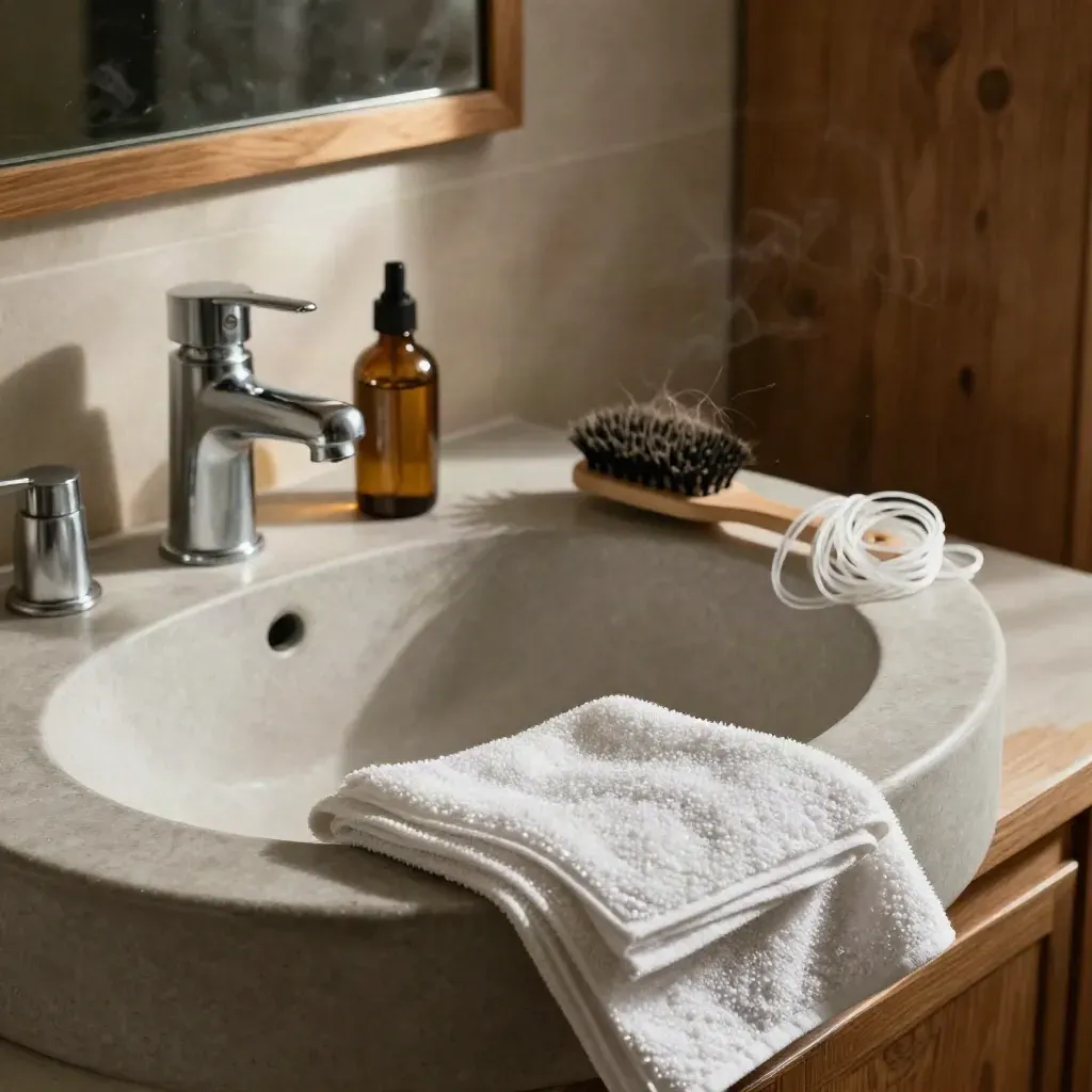 Hair oil, microfiber towel, brush and bands beside a bathroom sink in warm late-afternoon light.