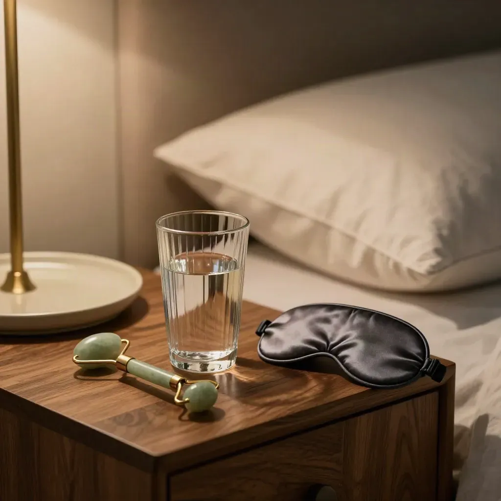 Bedside night reset with water, jade roller, sleep mask and turned-down pillow in warm evening light.