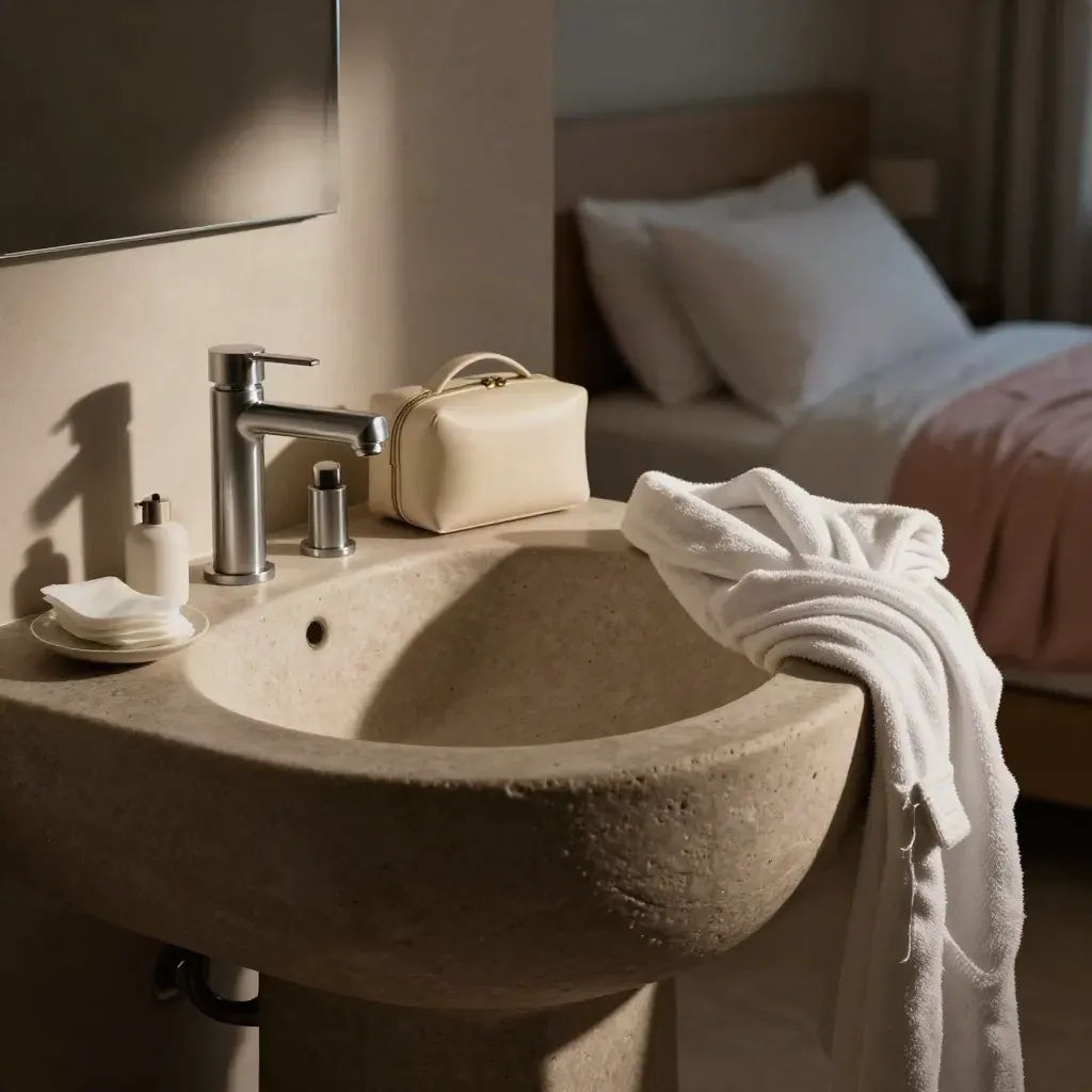 Calm pre-dawn hotel suite corner with sink, robe, toiletry case, moisturizer and cotton pads.