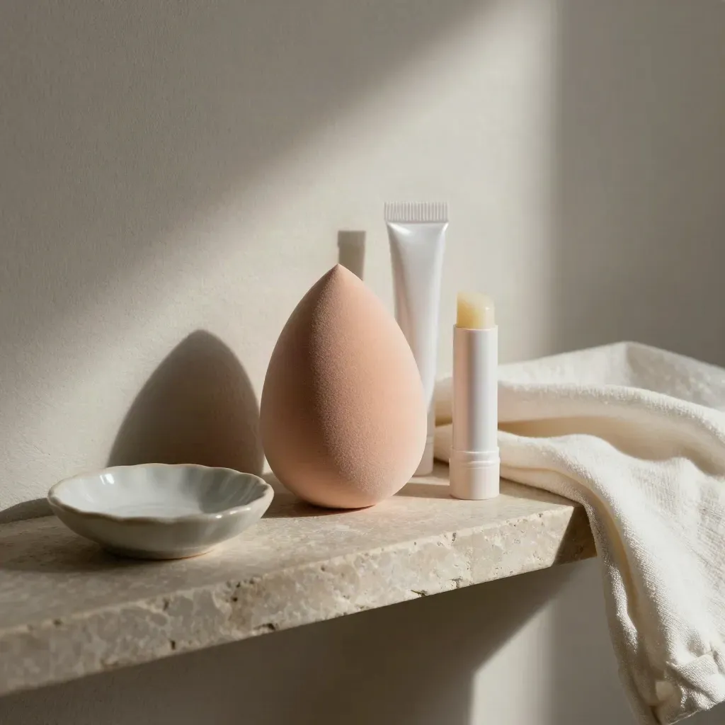 Makeup sponge, brow gel, lip balm and ceramic dish on a limestone vanity shelf