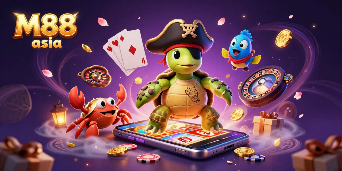 M88 asia showcases a vibrant gaming scene with a cartoon pirate turtle amidst treasure, engaging in lively slots and casino action.