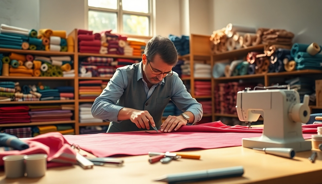 Kant stof voor kleding wordt vakkundig gesneden door een kleermaker in een heldere werkplaats.