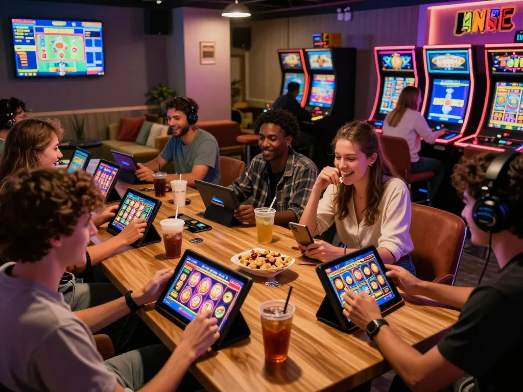 Friends enjoying online slot games at vegasslot77 in a vibrant virtual casino atmosphere
