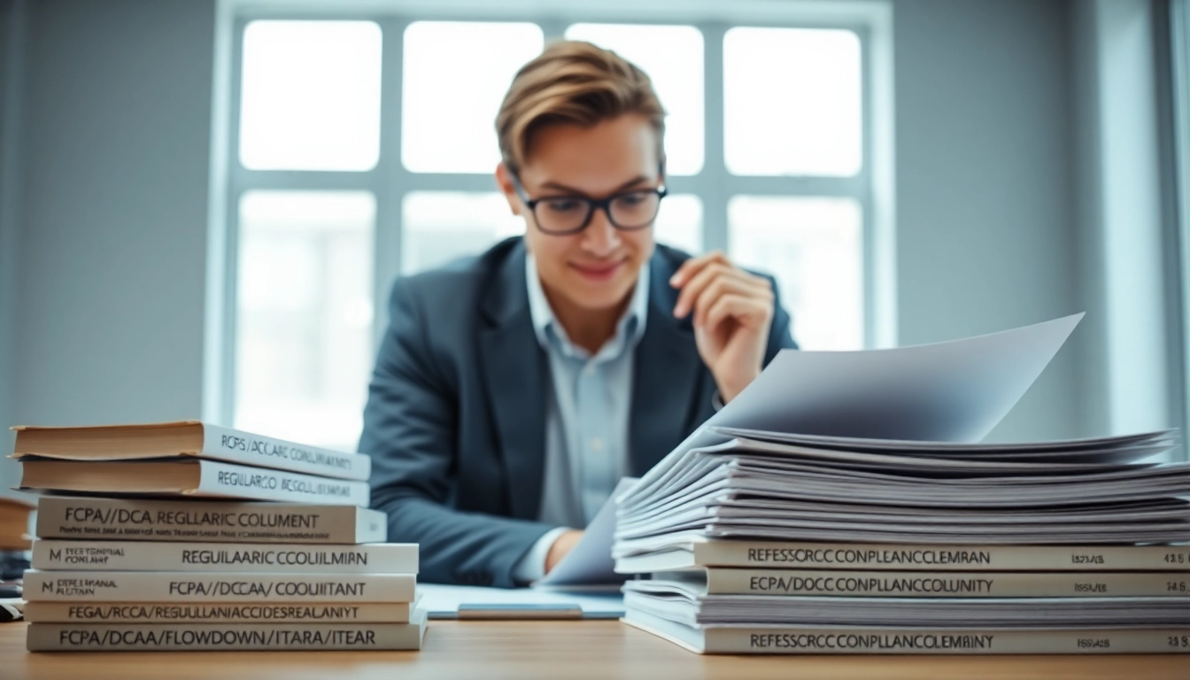 Consultant analyzing regulatory documents related to FCPA/DCAA/Flowdown/ITAR/EAR compliance in a modern office.