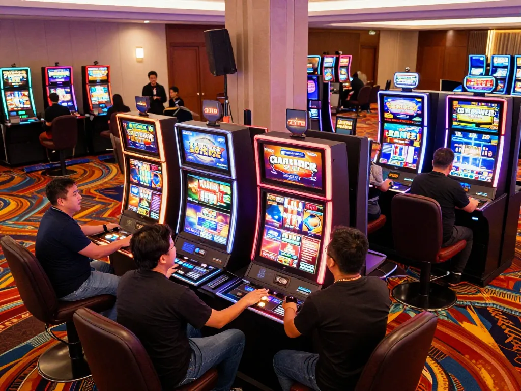 Players excitedly engaging with slot gacor machines, bright lights and vibrant atmosphere visible in casino