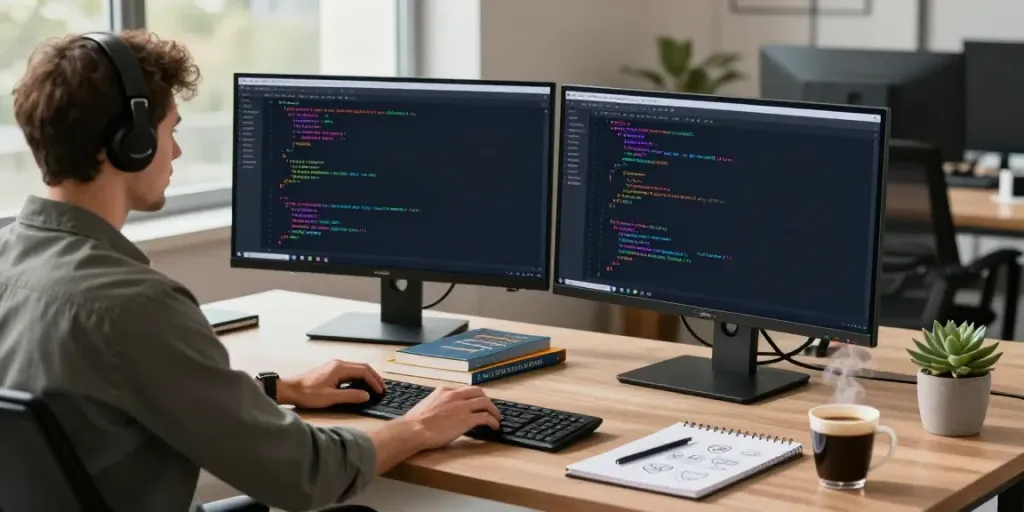 A developer utilizing Notepad++ for coding in a bright office environment, surrounded by books and plants.