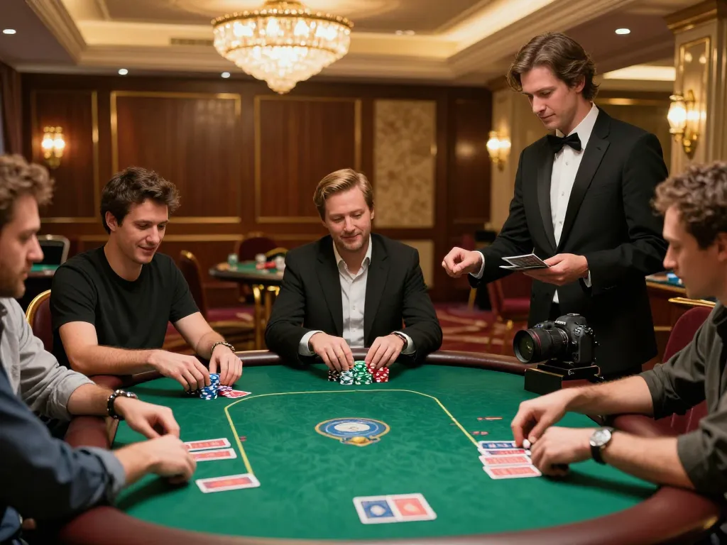 B52 Club players enjoying a strategic poker game with chips and cards in a luxury casino setting