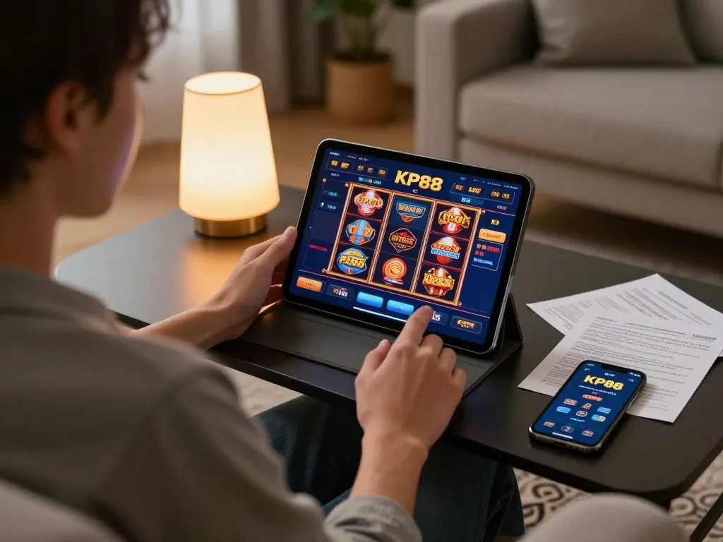 KP88 user engaging in strategic online gambling session using tablet and notes at home.
