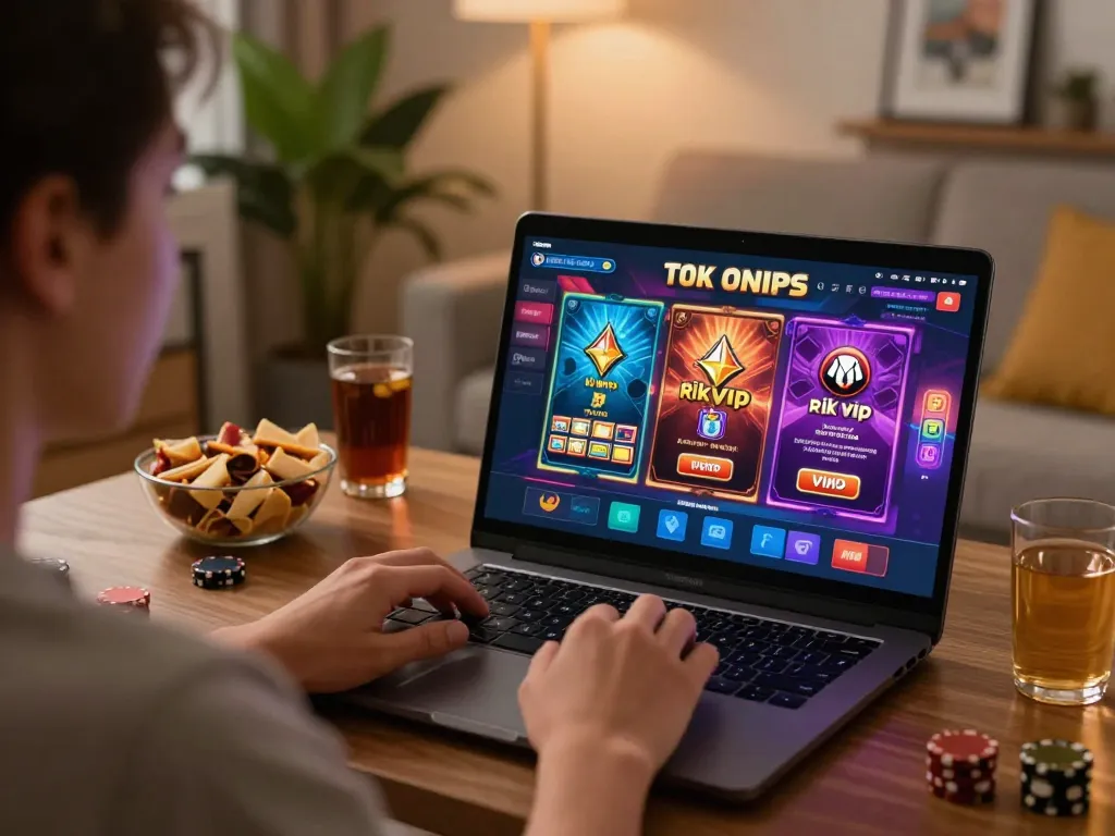 Engaging in rik vip live dealer game at home with vibrant online casino graphics displayed on screen.
