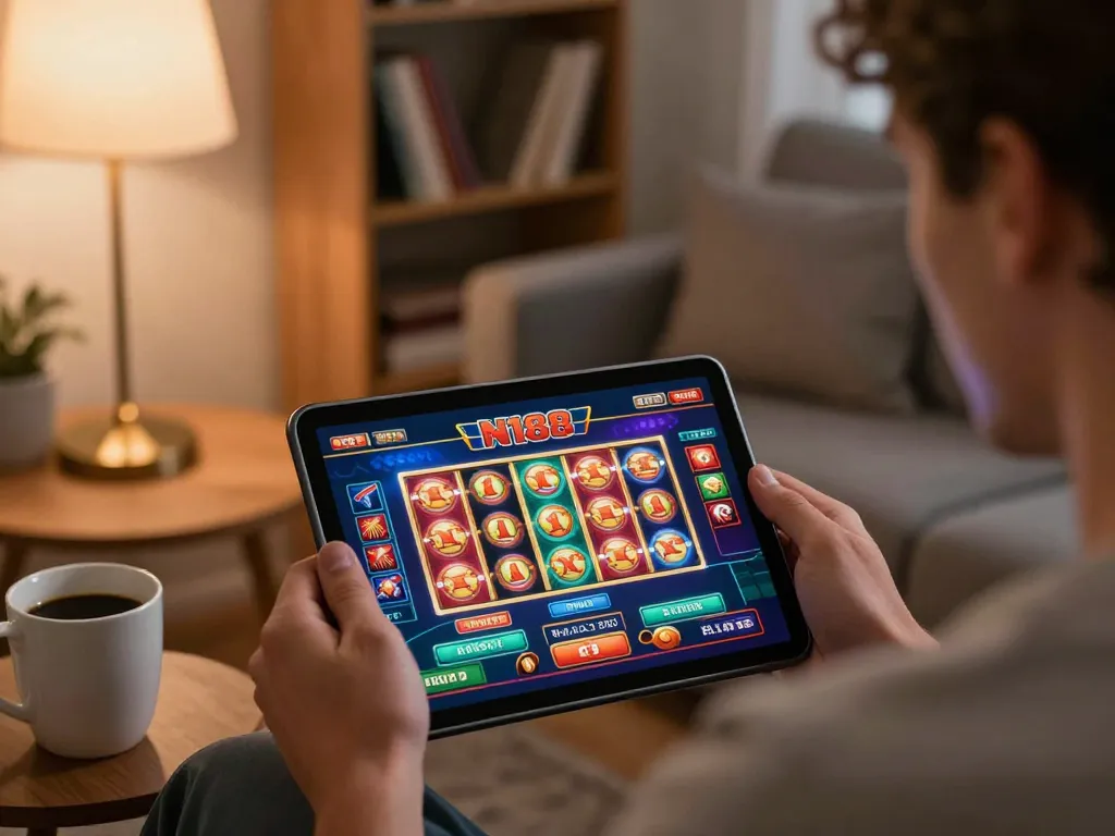 N188 casino player engaging with dynamic slot games on a tablet in a cozy home setting.