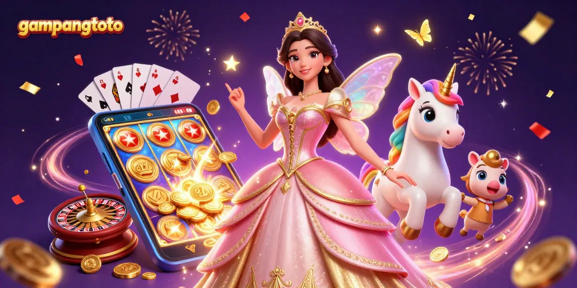 Engage with gampangtoto in this vibrant 3D casino illustration featuring slot games and colorful characters.