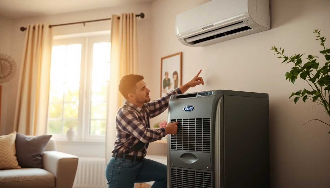 Technician repairing residential heating and cooling system efficiently in a cozy home.
