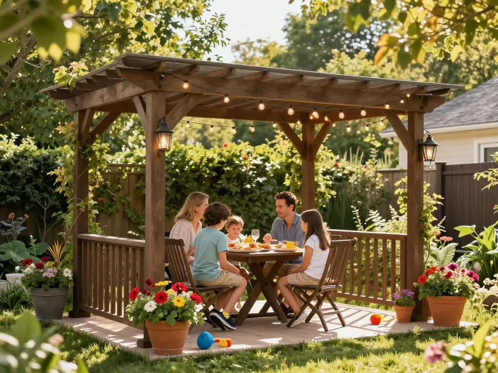 3D pergola providing shade for a family meal in a vibrant backyard setting