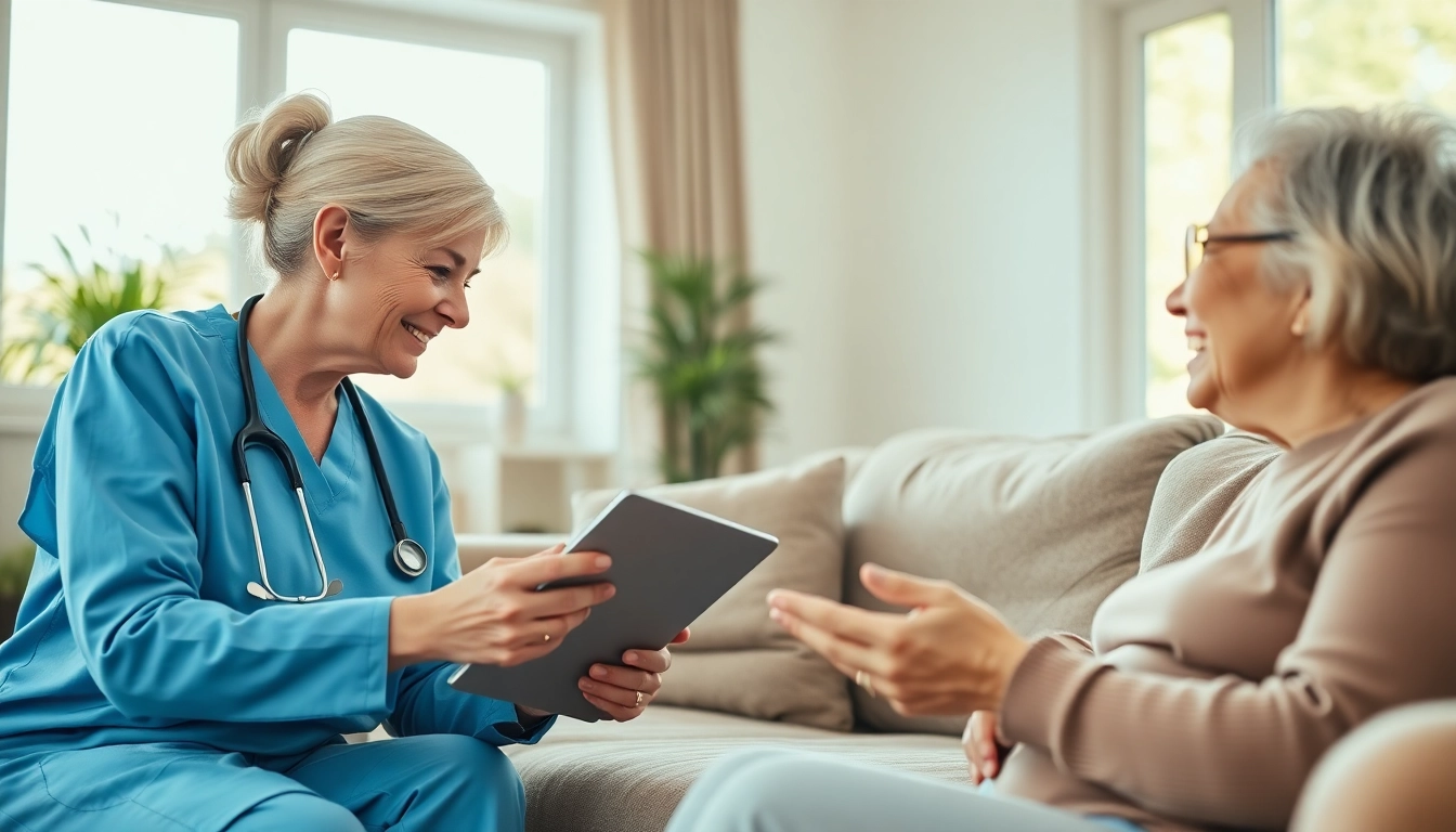 Engaging scene showing caregivers providing in home health care near me to elderly clients.