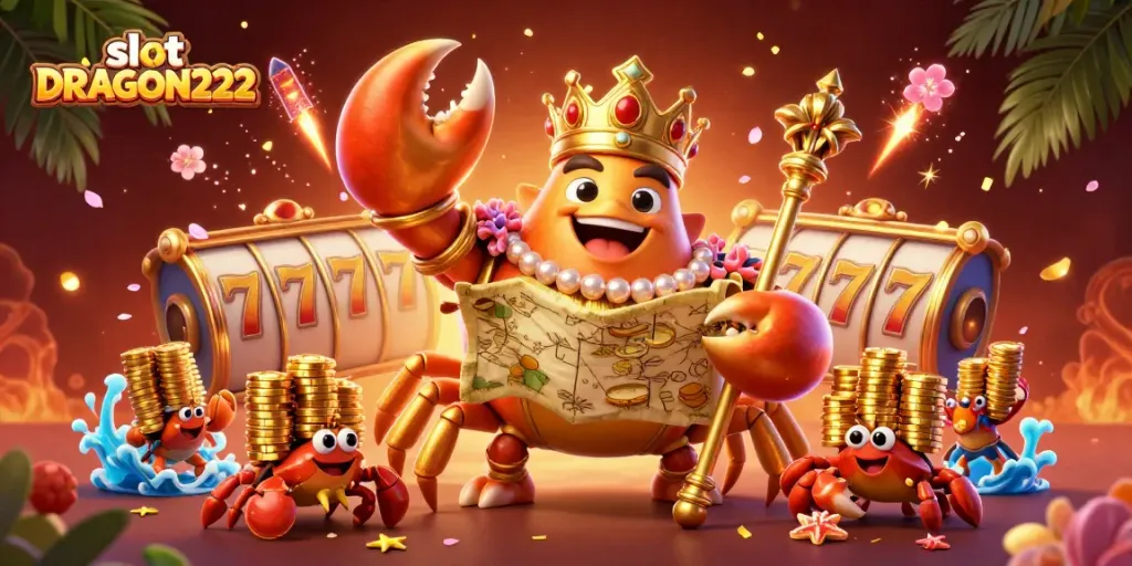 Experience the thrill of slot DRAGON222 with a golden crab emperor amidst dynamic game symbols.