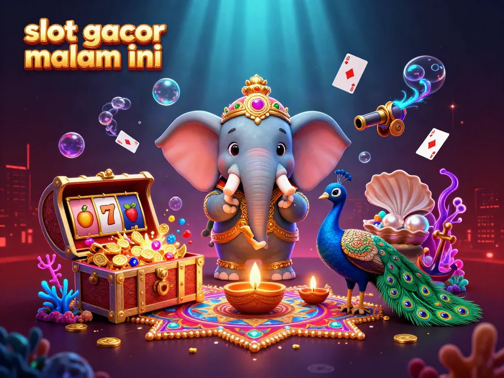 Permainan slot gacor malam ini dengan gajah dan merak dalam suasana meriah, dikelilingi koin emas.