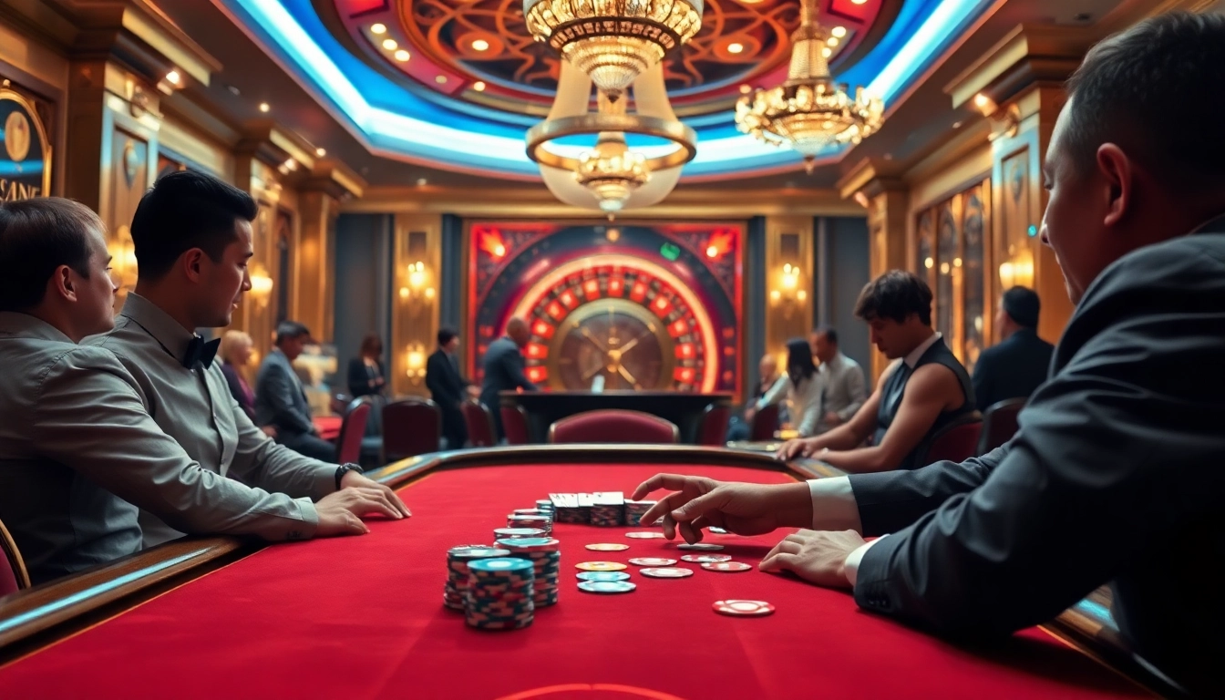Experience the thrilling action at nhà cái thabet's sophisticated casino tables filled with cards and chips.