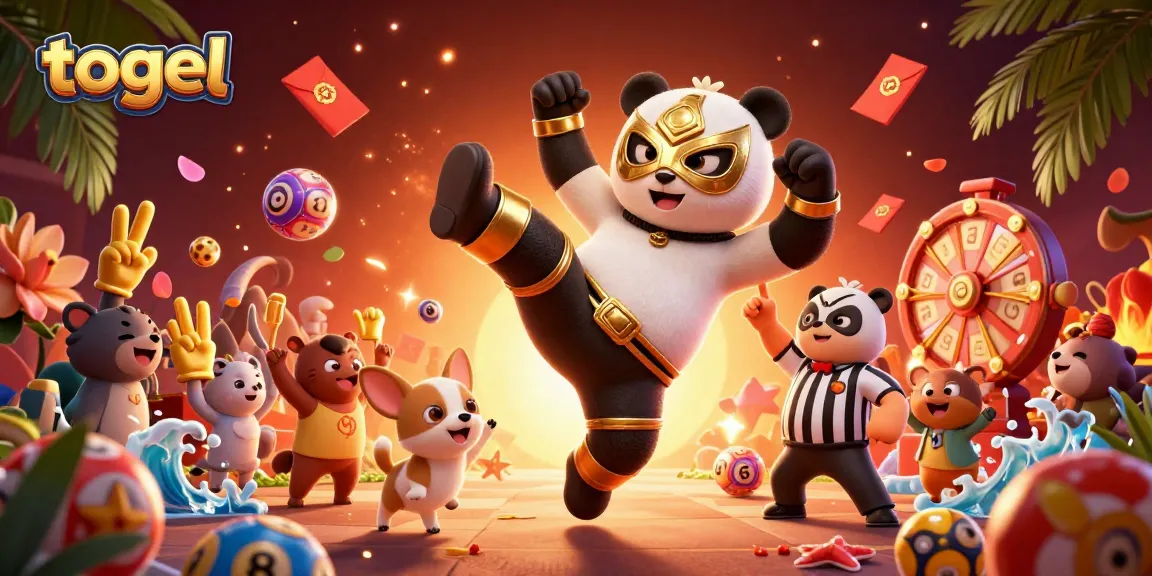 Experience the thrill of togel with a dynamic illustration of a panda wrestler and exciting lottery elements.