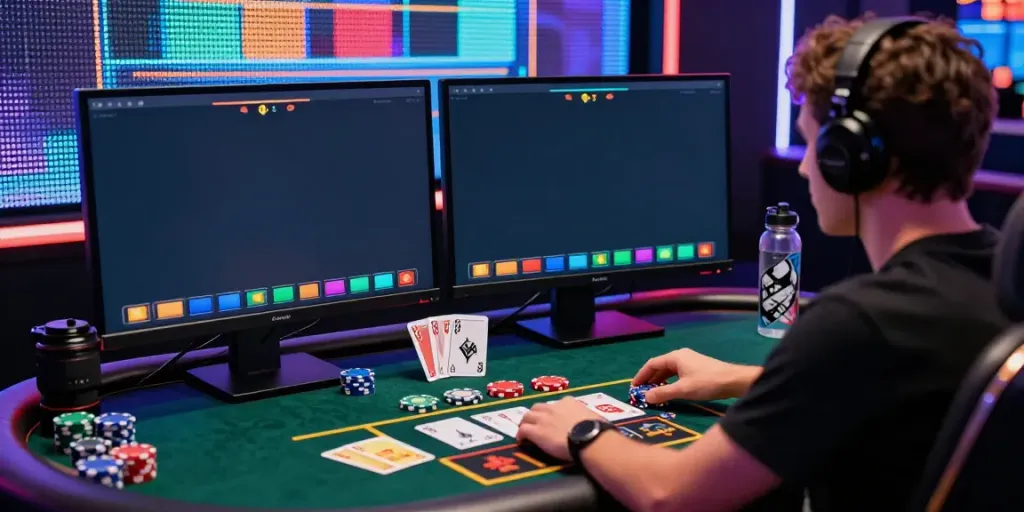 Engaged player enjoying ORION88 live dealer games on dual monitors in a vibrant online casino setting.