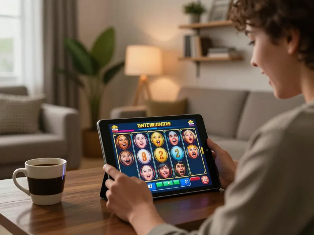 Engaging in online เว็บสล็อต gaming in a cozy living room with a tablet.