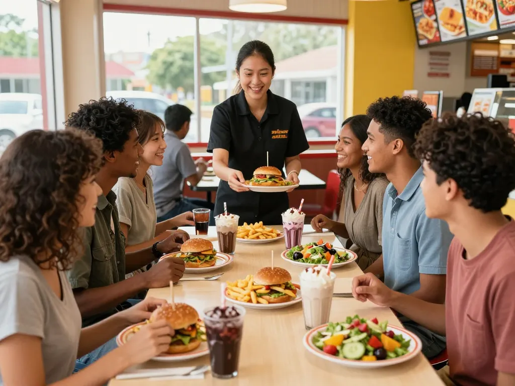 Fast food menu highlights featured in a lively restaurant scene with friends sharing meals.