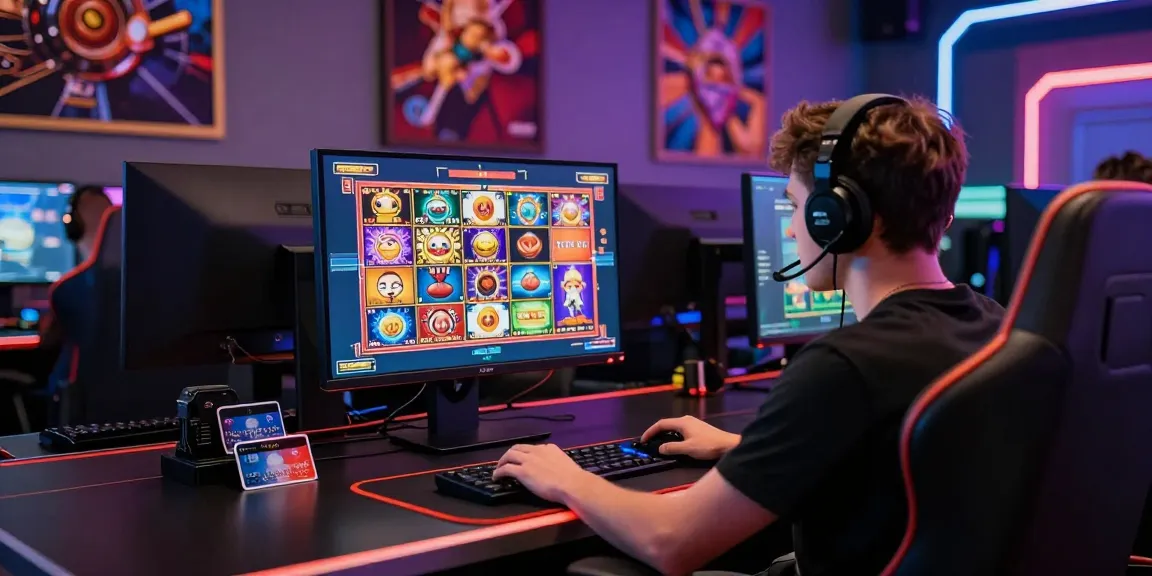 Online casinos that accept credit cards scene with player engaging in vibrant gameplay, showing various credit card options and a modern gaming setup.