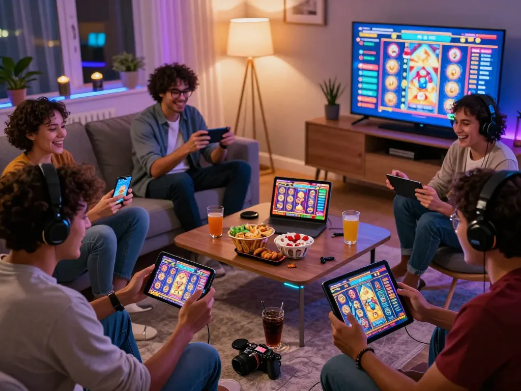 Friends gaming together on vegasslot77 in a lively living room setting.