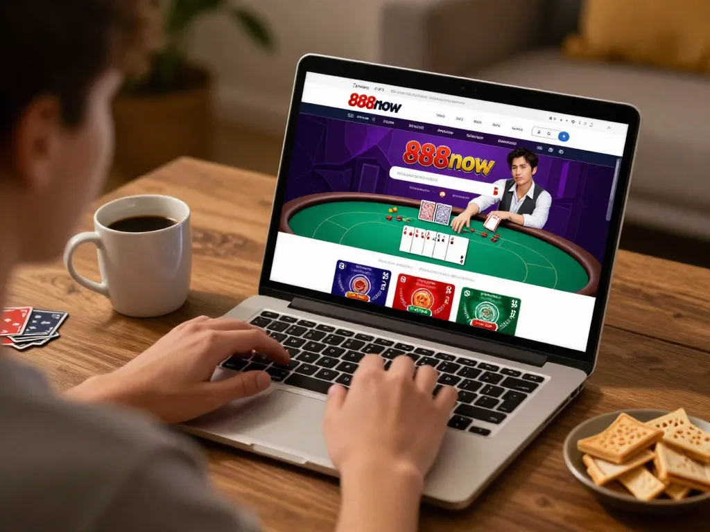 Engaging in online gaming on 888now com with a laptop and poker interface at home.