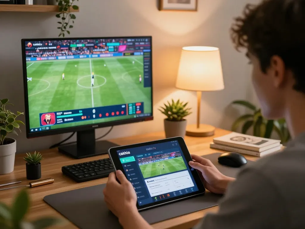 Cakhia tv user placing strategic bets on football matches from a cozy home setup
