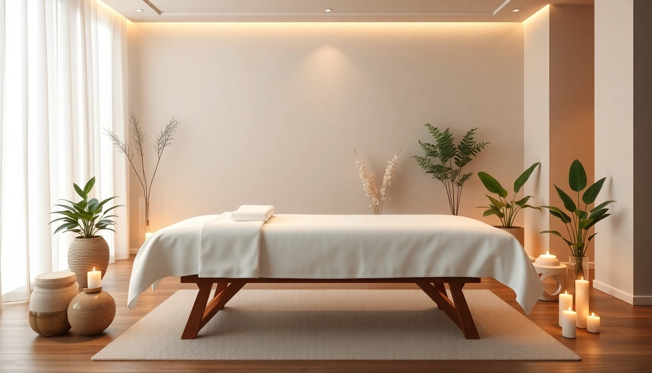 Serene and luxurious massage room for 출장안마 treatment, featuring calming decor and ambient lighting.