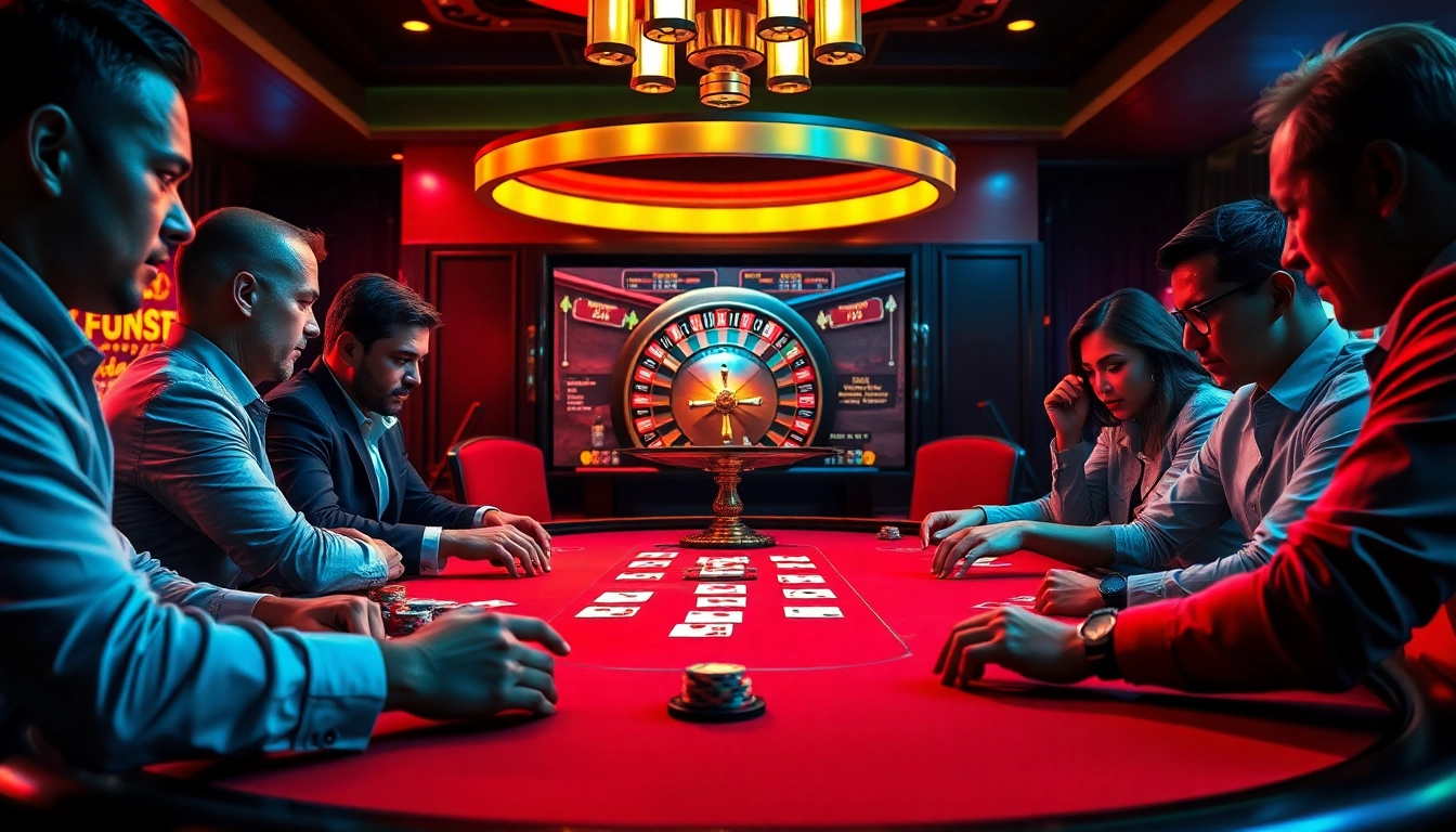 Players enjoying a high-stakes poker game at luck8 casino with neon lights and rich decor.