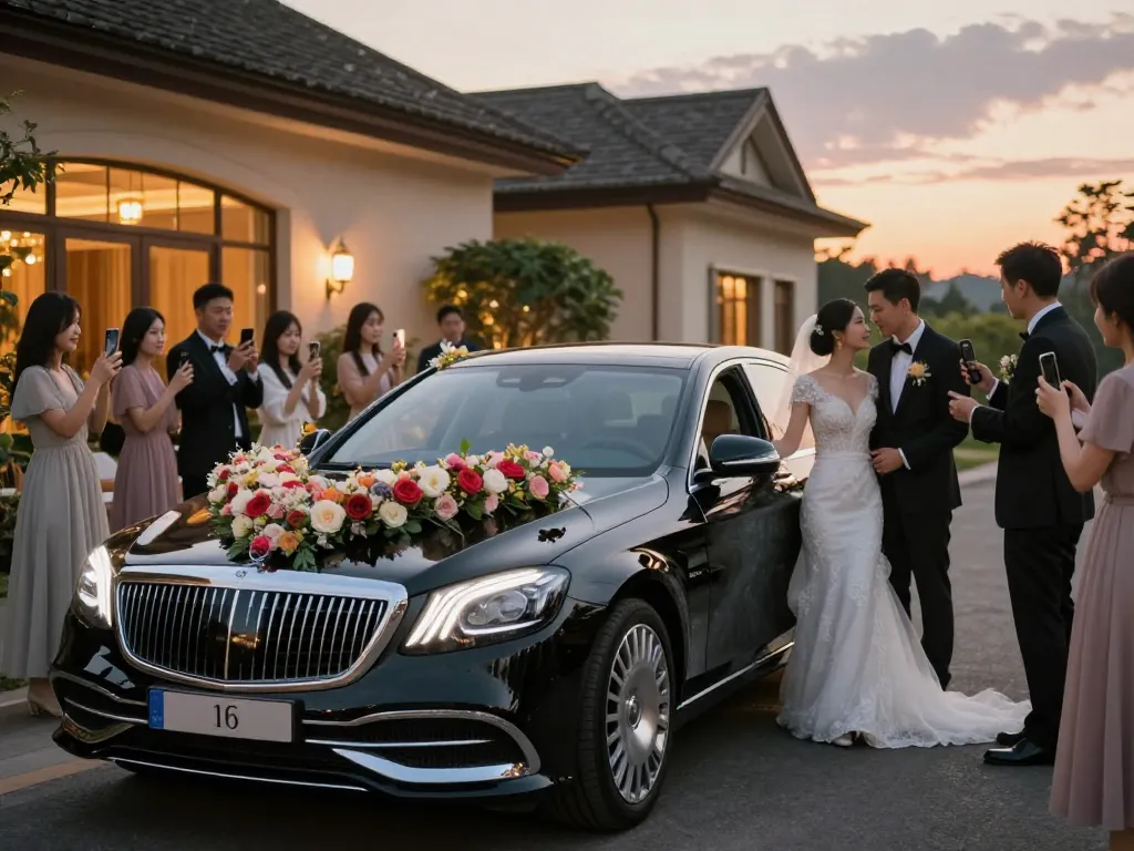 Thuê một chiếc xe cưới sang trọng, với chiếc Mercedes được trang trí bằng những bông hoa đẹp cho buổi lễ hoàn hảo.