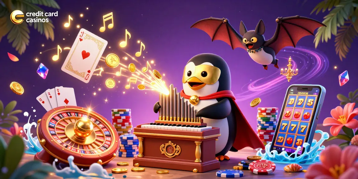 Experience the excitement of credit card casinos with animated characters and gambling elements.