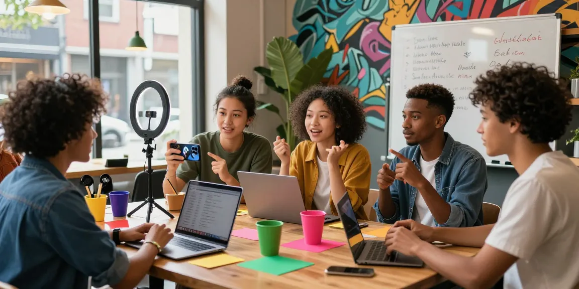 Engaging scene of young creators discussing strategies to get 5000 TikTok followers in an urban setting with vibrant props and smartphones.