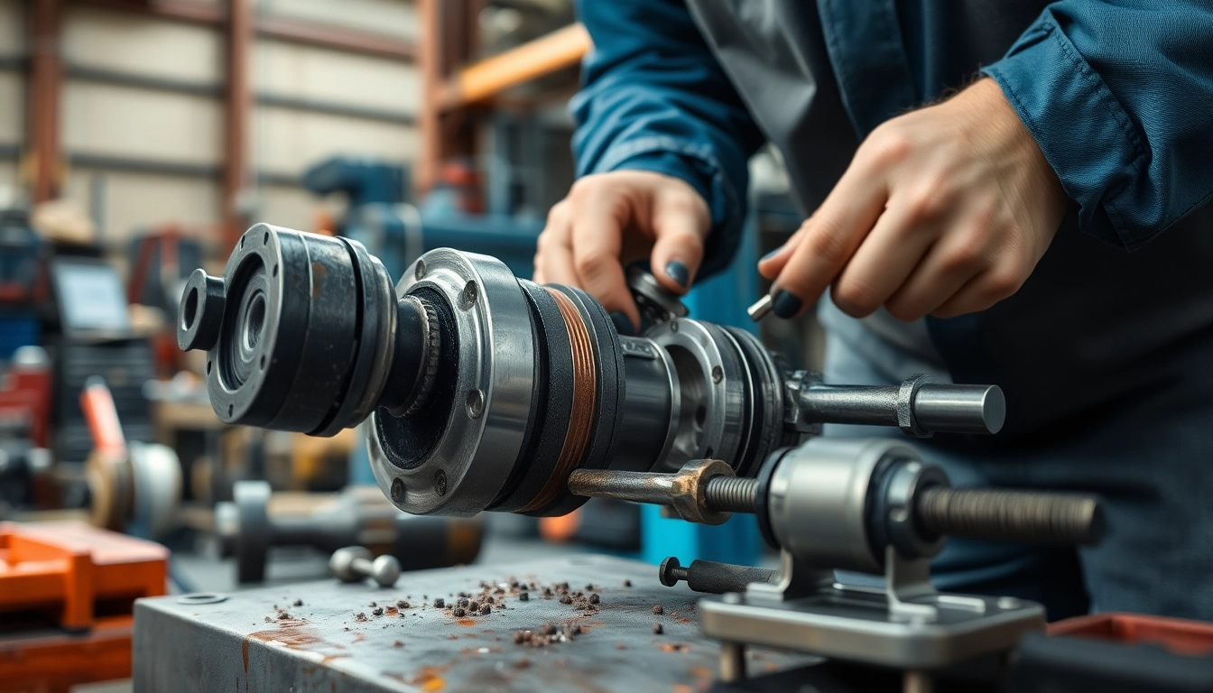 Expert performing hydraulic cylinder repair in a workshop, showcasing tools and precision techniques.