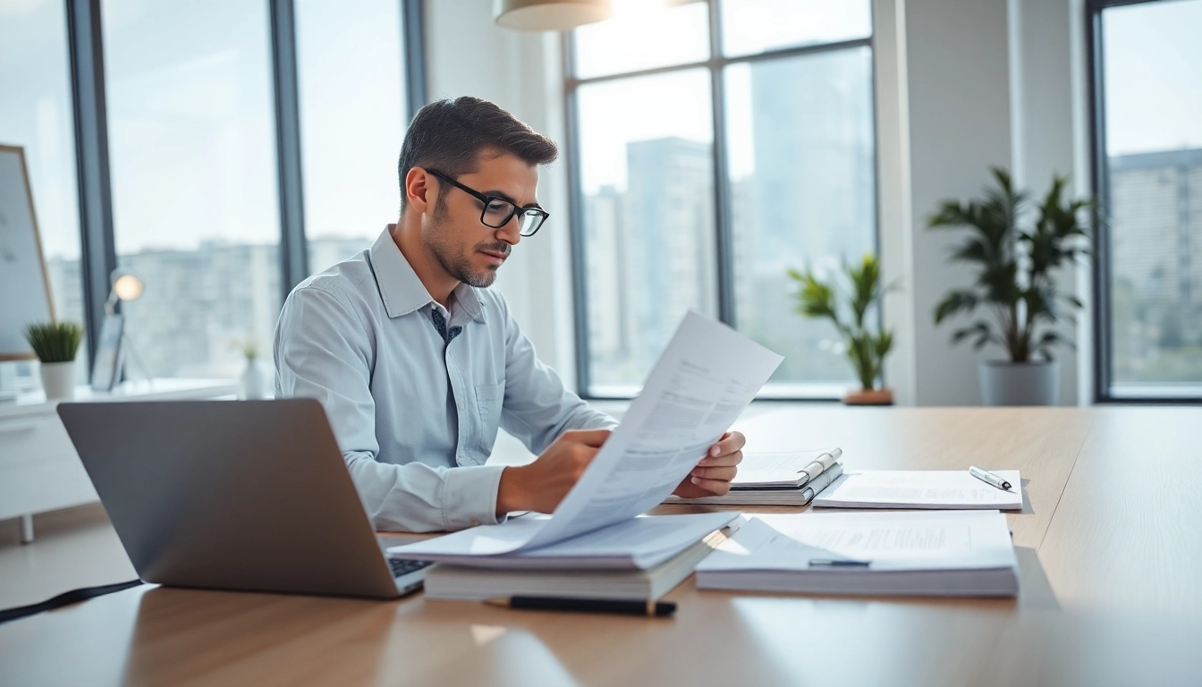 Expertly analyzing FCPA/DCAA/Flowdown/ITAR/EAR compliance documents in a bright office.