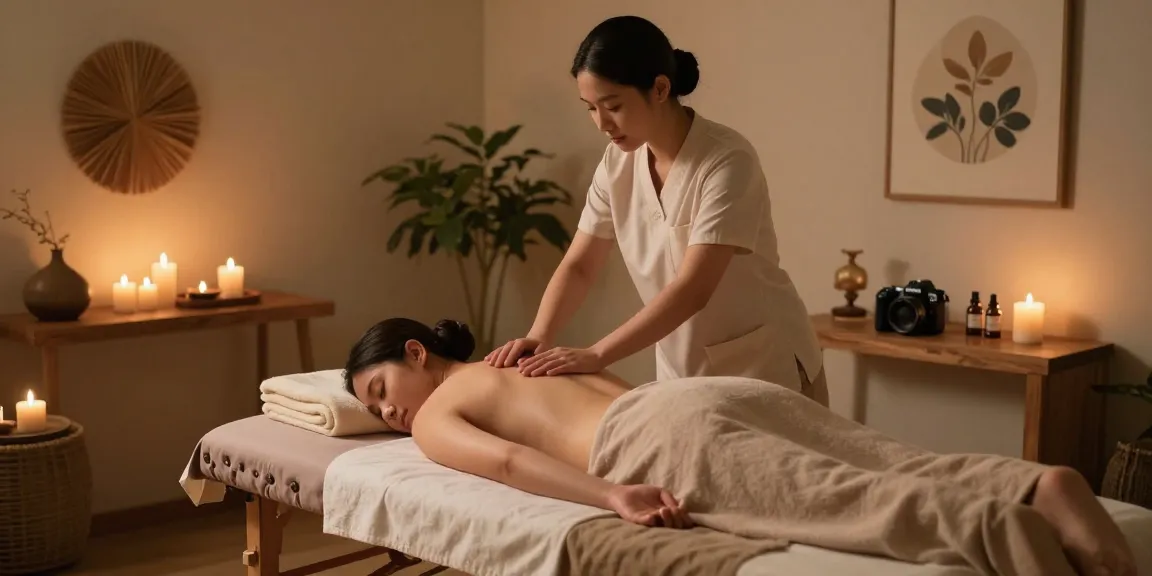 대치동마사지로 편안하게 힐링하는 모습과 아로마 오일, 촛불로 아늑한 마사지 룸 환경