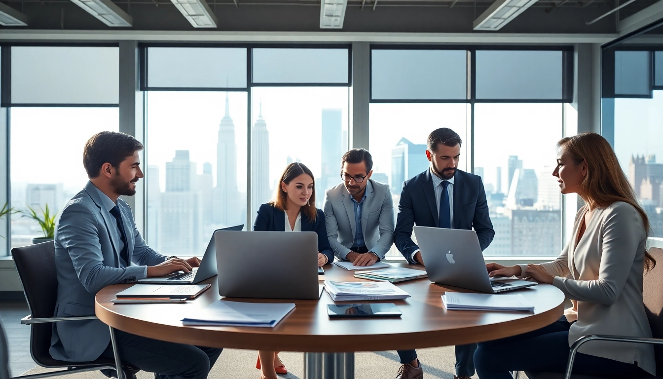 Engaged professionals in New York jobs collaborating in a modern office setting.
