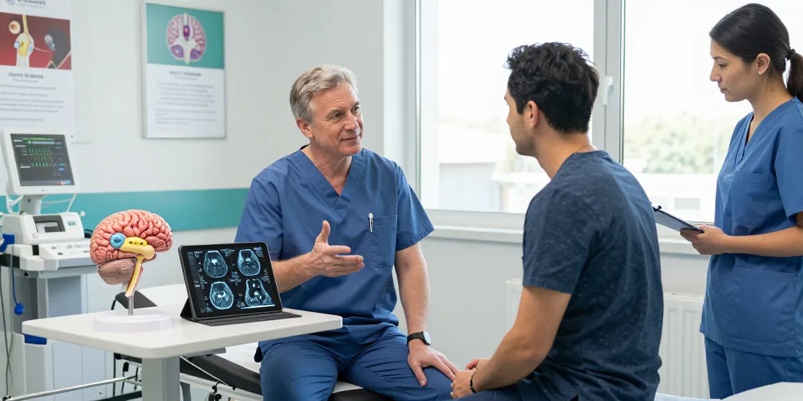 Beyin ameliyatı consultation in a bright hospital room, surgeon discussing treatment options with patient.