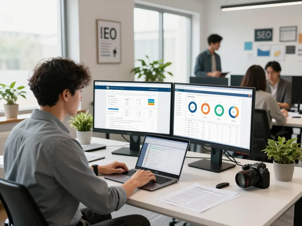 SEO expert reviewing analytics and strategies for New York SEO Services in a modern office.
