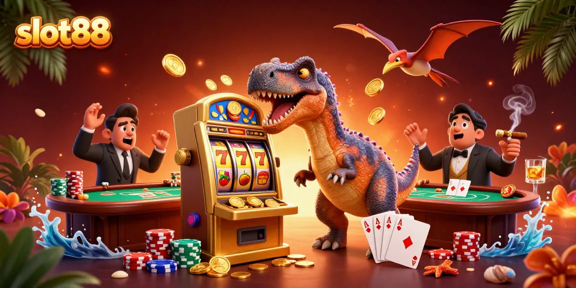 Menyabung jackpot emas di slot88, dinosaurus bermain di kasino mengumpulkan koin emas.
