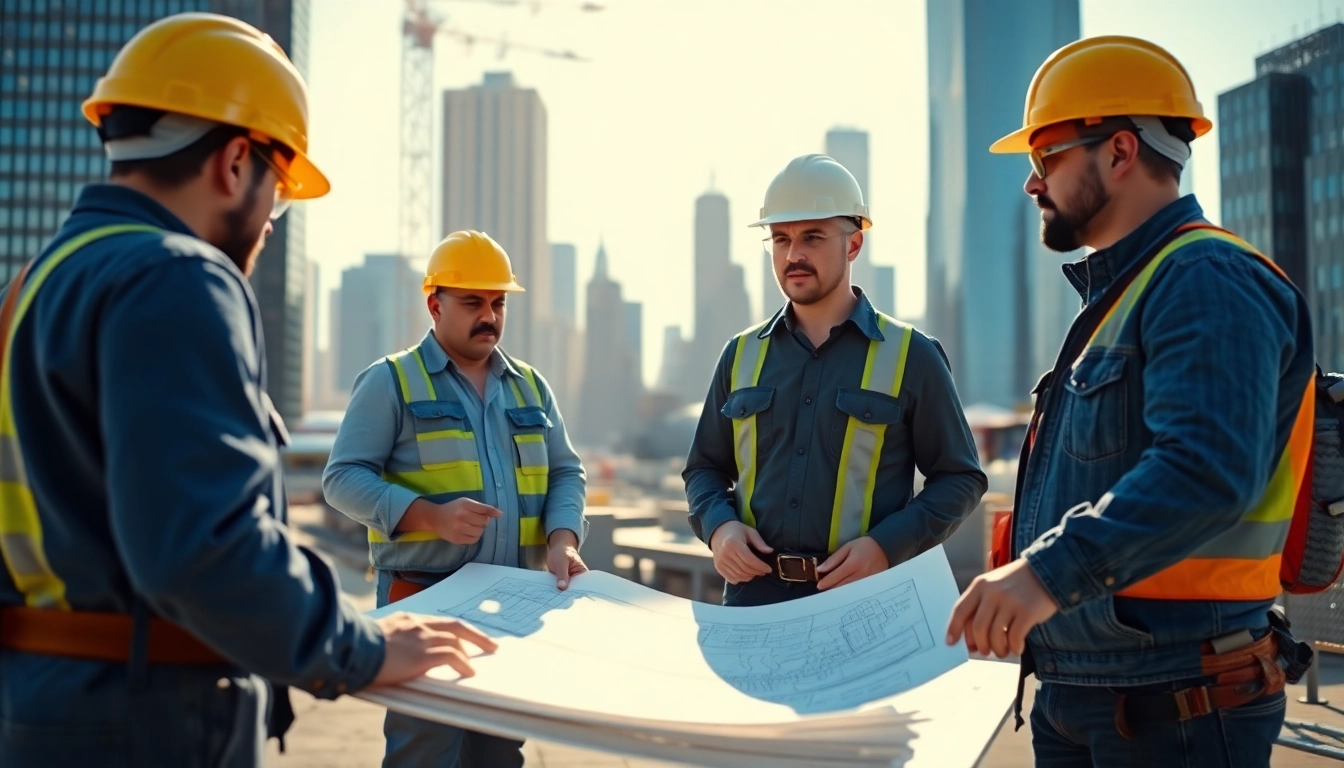 New York Commercial General Contractor supervising a construction site with skyline backdrop.