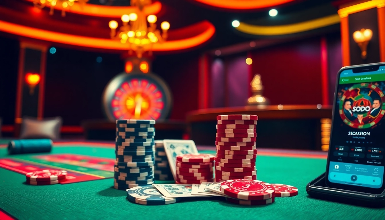 Players engaged in high-stakes poker at SODO Casino, showcasing luxury and excitement in a vibrant setting.