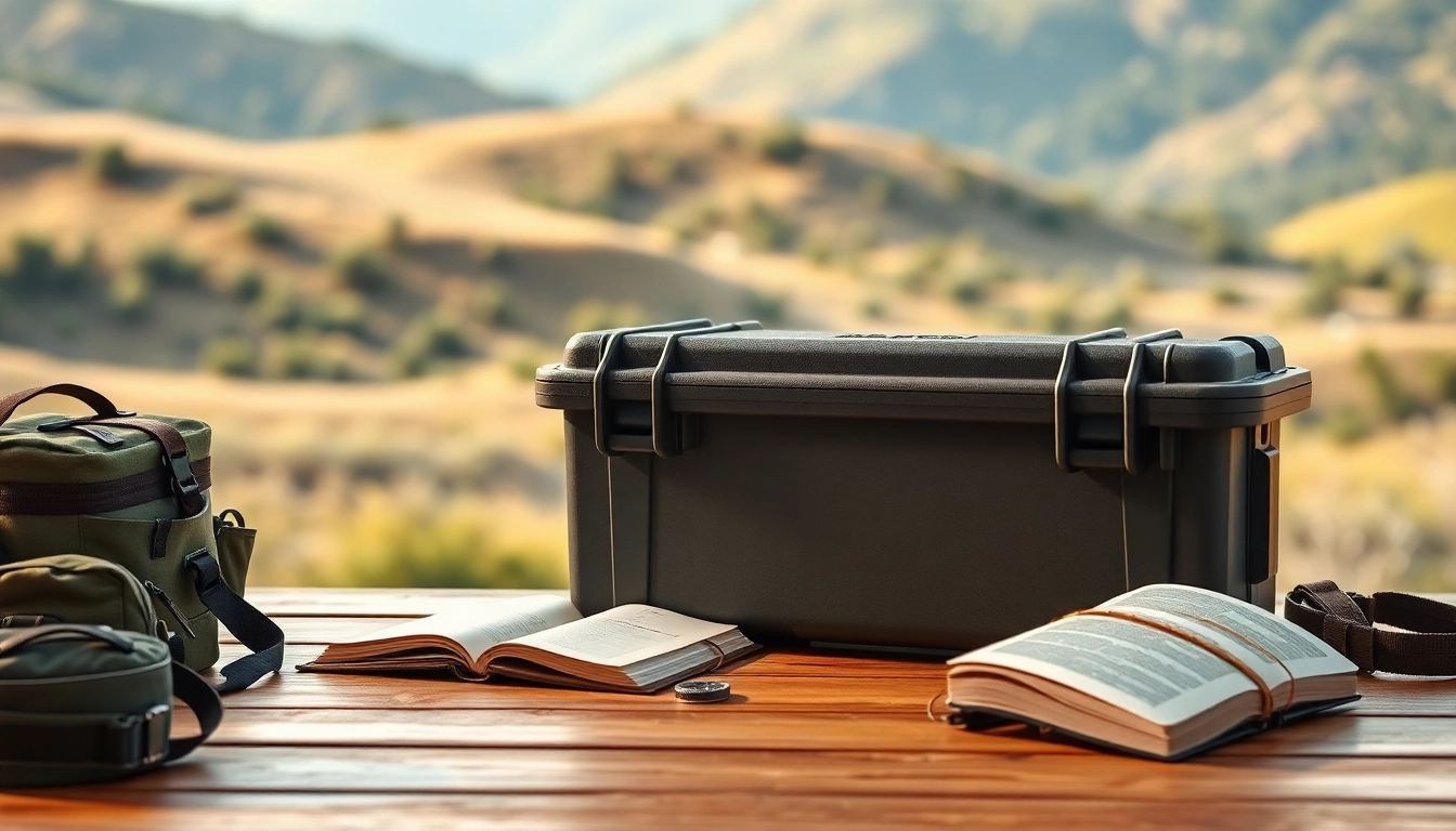 Image showcasing a pelican rifle case on a wooden table surrounded by outdoor gear, emphasizing its durability and adventure appeal.