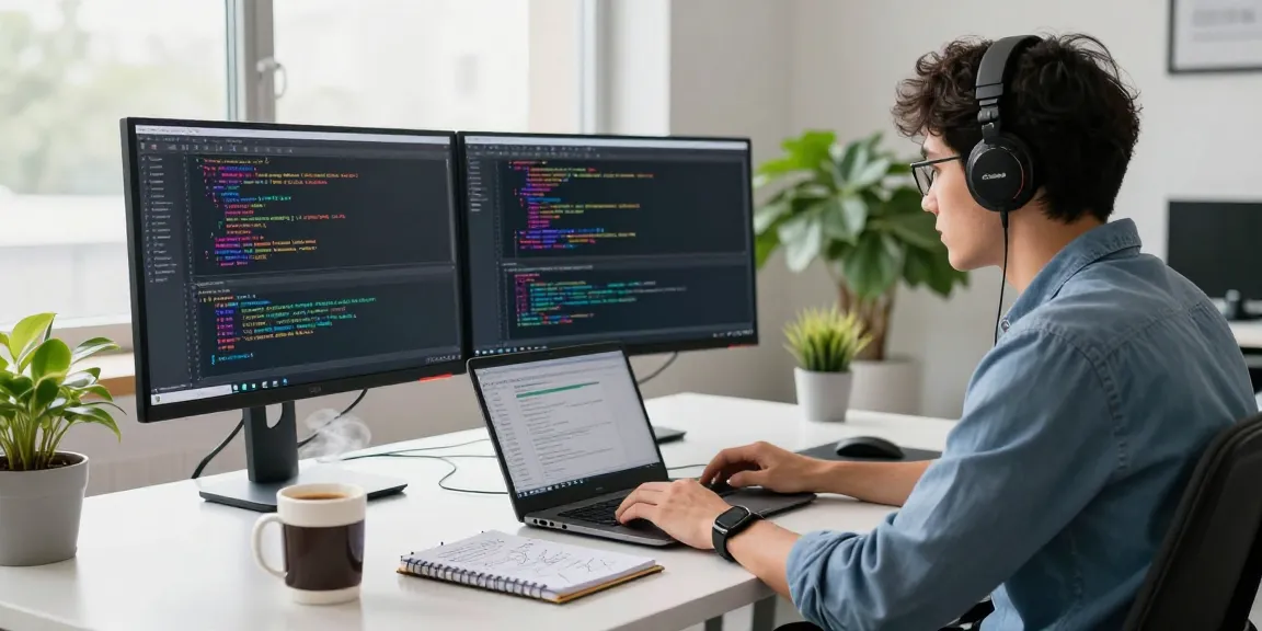 Dynamic workspace for 纸飞机下载 software development featuring coding screens, coffee, and plants.