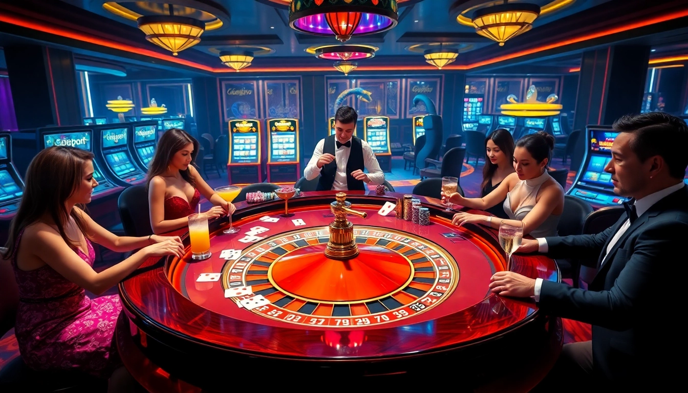 Capture the excitement of Gojekpot at a luxurious casino with players engaging at a roulette table.