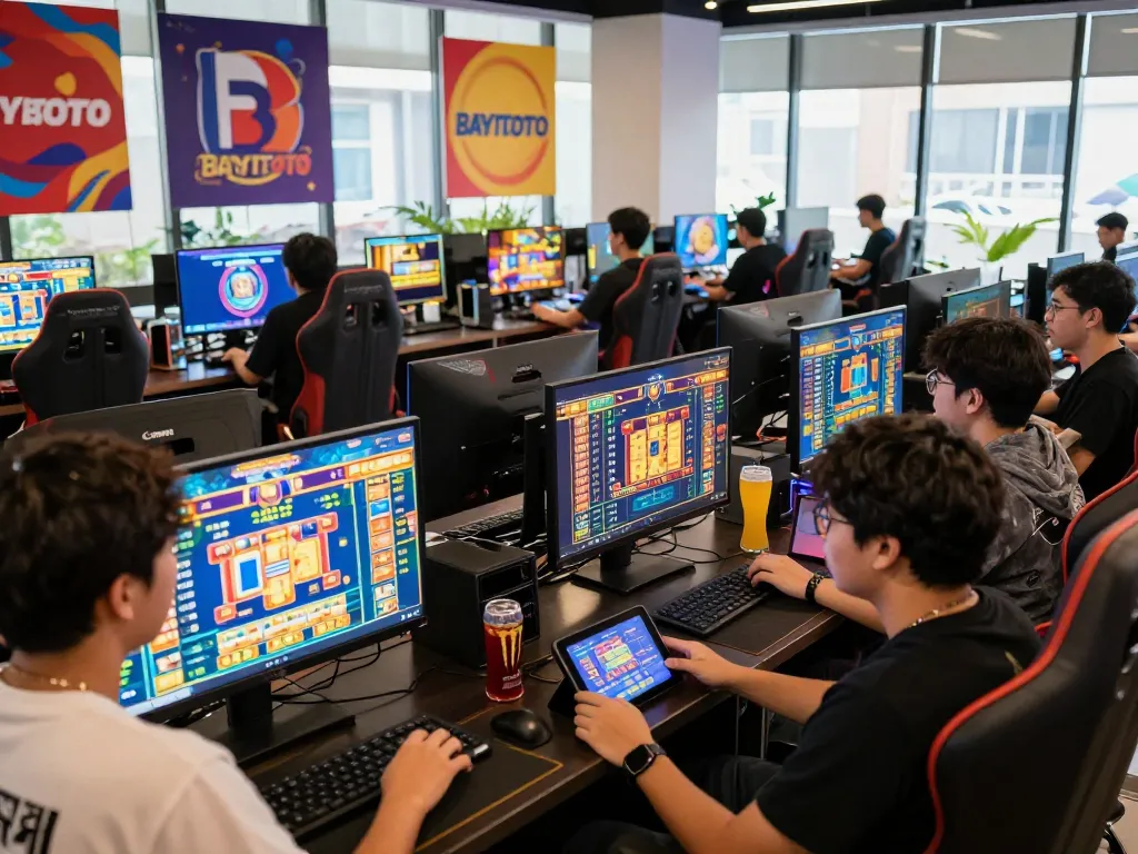 BAYITOTO Bandar Toto Online Terbaik dengan Pembayaran Cepat, showcasing enthusiastic players in an engaging gaming hub in Indonesia